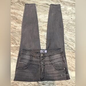 Vylette Women’s 9/29 Gray High Rise Skinny Jeans Triple Button Stretch